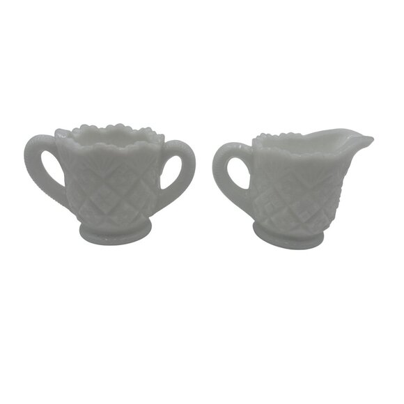 Vintage Milk Glass Creamer & Sugar Bowl Set Button Diamond Pattern - Picture 2 of 5